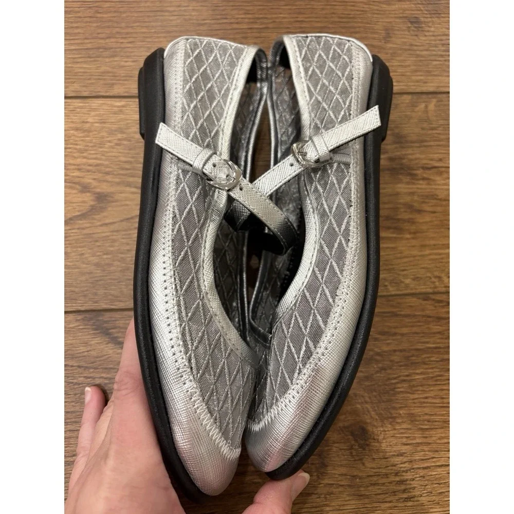 Woman's Ballet Flats Aerosoles Baylee Mary Jane Flat Silver Mesh Metallic Shoes